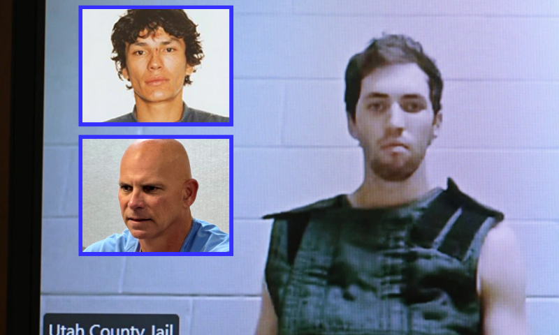 (Background) A screen shows Tyler Robinson, the suspect in the killing of political activist Charlie Kirk, as he attends a court appearance remotely from his jail cell before Judge Tony Graf of the 4th District Court in Provo, Utah, on September 16, 2025. (-/POOL/AFP via Getty Images) / (L-Top) Richard Ramirez. (Photo via: Los Angeles Police Dept.) / (L-Bottom) SAN DIEGO, CA - AUGUST 22: (EDITOR’S NOTE: This Handout image/clip was provided by a third-party organization and may not adhere to Getty Images’ editorial policy.) In this handout photo provided by the California Department of Corrections, Lyle Menendez appears before the parole board via teleconference at the Richard J. Donovan Correctional Facility on August 22, 2025, in San Diego, California. Menendez was denied release more than 36 years after he and his brother Erik killed their parents in their Beverly Hills mansion. Erik appeared before the board on the 21st. (Photo by California Department of Corrections via Getty Images)