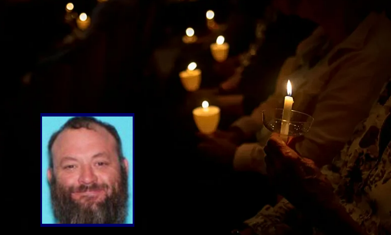 (Background) Community members hold candles as they gather for a vigil following a shooting and fire at an LDS Church in Michigan, on October 1, 2025, at Flushing United Methodist Church in Flushing, Michigan. (Photo by Emily Elconin/Getty Images) / (L) Mugshot via: Grand Blanc Township Police Department