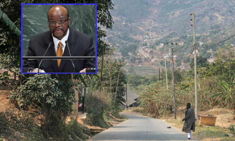 (Background) Mountainous landscape around the country s capital Mbabane in Eswatini, 31 August 2024. Eswatini is a developing country with over 43% unemployment, the highest rate of Aids per capita in Africa. (Photo by XAVIER DUVOT/Hans Lucas/AFP via Getty Images) / (L) King Mswati III of Eswatini on September 25, 2025. (Photo by TIMOTHY A. CLARY/AFP via Getty Images)