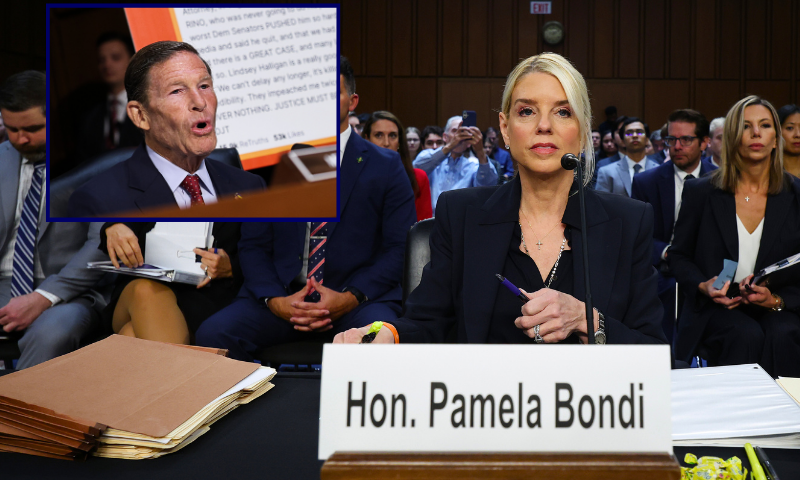 (Background) WASHINGTON, DC - OCTOBER 07: U.S. Attorney General Pam Bondi arrives to testify before the Senate Judiciary Committee in the Hart Senate Office Building on Capitol Hill on October 07, 2025 in Washington, DC. Bondi is expected to face criticism from Democrats on the Justice Department’s targeting of President Trump’s political opponents, including the recent indictment of former FBI Director James Comey. (Photo by Win McNamee/Getty Images) / (L) WASHINGTON, DC - OCTOBER 07: U.S. Sen. Richard Blumenthal (D-CT) questions U.S. Attorney General Pam Bondi as she testifies before the Senate Judiciary Committee in the Hart Senate Office Building on Capitol Hill on October 07, 2025 in Washington, DC. Bondi is expected to face criticism from Democrats on the Justice Department’s targeting of President Trump’s political opponents, including the recent indictment of former FBI Director James Comey. (Photo by Win McNamee/Getty Images)