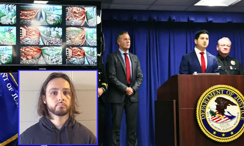 (L) Accused suspect 29-year-old Jonathan Rinderknecht. (Photo via: DOJ) / (Background) Acting U.S. Attorney Bill Essayli speaks withLos Angeles Police Department Chief Jim McDonnell (R) and Special Agent in Charge Kenny Cooper of the Bureau of Alcohol, Tobacco, Firearms and Explosives, Los Angeles Field Division, at a press conference announcing an arrest in the Palisades Fire investigation on October 08, 2025, in Los Angeles, California. (Photo by Mario Tama/Getty Images)