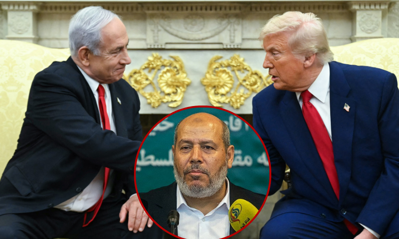 (Background) US President Donald Trump shakes hands with Israeli Prime Minister Benjamin Netanyahu on April 7, 2025. (Photo by SAUL LOEB/AFP via Getty Images) / (Center) Khalil al-hayya, Hamas chief negotiator. (Photo by Naser Jafari/AFP via Getty Images)