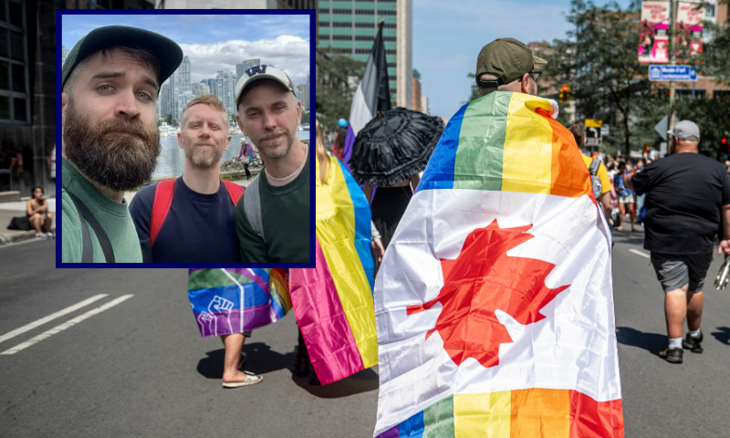 (Background) Attendees participate in the Montreal Pride Parade in Montreal, Quebec, Canada, on August 10, 2025. According to local media repots, Fierte Montreal (Pride Montreal) in recent days reversed a decision to exclude two Jewish groups from participating. (Photo by ANDREJ IVANOV / AFP) (Photo by ANDREJ IVANOV/AFP via Getty Images) / (L) Photo via: public Facebook profile of Jonathan Bedard.