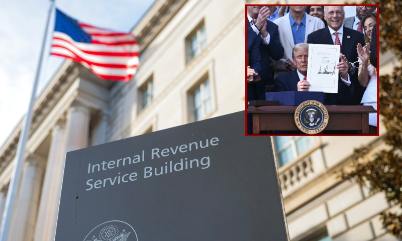 (Background) WASHINGTON, DC - FEBRUARY 13: A sign for the Internal Revenue Service (IRS) is seen outside its building on February 13, 2025 in Washington, DC. Members of Elon Musk's Department of Government Efficiency (DOGE) arrived at the Internal Revenue Service to begin examining the agency's operations. (Photo by Kayla Bartkowski/Getty Images) / (R) US President Donald Trump (C) shows his signature on the "Big Beautiful Bill Act" at the White House in Washington, DC, on July 4, 2025. US President Donald Trump signed his flagship tax and spending bill on July 4 in a pomp-laden Independence Day ceremony featuring fireworks and a flypast by the type of stealth bomber that bombed Iran. Trump pushed Republican lawmakers to get his unpopular "One Big Beautiful Bill" through a reluctant Congress in time for him to sign it into law on the US national holiday -- and they did so with a day to spare Thursday. (Photo by Brendan SMIALOWSKI / POOL / AFP) (Photo by BRENDAN SMIALOWSKI/POOL/AFP via Getty Images)