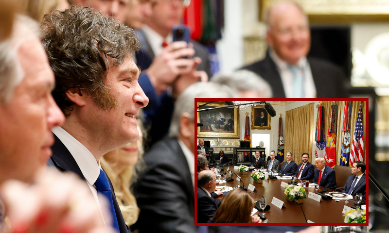 (R) WASHINGTON, DC - OCTOBER 14: U.S. President Donald Trump (R) and President of Argentina Javier Milei hold a meeting in the Cabinet Room at the White House on October 14, 2025 in Washington, DC. Trump is hosting Milei for a working lunch days after the U.S. Treasury finalized a $20 billion currency swap framework with Argentina in an effort to help stabilize its economy. (Photo by Kevin Dietsch/Getty Images) / (Background) WASHINGTON, DC - OCTOBER 14: President of Argentina Javier Milei reacts during a meeting with U.S. President Donald Trump in the Cabinet Room at the White House on October 14, 2025 in Washington, DC. Trump is hosting Milei for a working lunch days after the U.S. Treasury finalized a $20 billion currency swap framework with Argentina in an effort to help stabilize its economy. (Photo by Kevin Dietsch/Getty Images)