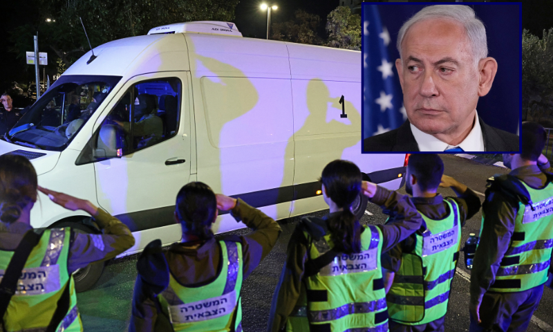 (R) Israeli Prime Minister Benjamin Netanyahu on October 12, 2023. Blinken arrived in a show of solidarity after Hamas's surprise weekend onslaught in Israel, an AFP correspondent travelling with him reported. He is expected to visit Israeli Prime Minister Benjamin Netanyahu as Washington closes ranks with its ally that has launched a withering air campaign against Hamas militants in the Gaza Strip. (Photo by JACQUELYN MARTIN/POOL/AFP via Getty Images) / (Background) Vehicles transporting the bodies of four hostages handed over following a ceasefire and prisoner exchange deal between Israel and Palestinian factions in Gaza arrive at the National Center for Forensic Medicine in Tel Aviv on October 15, 2025. The Israeli military said October 15, 2025 the Red Cross was on its way to collect the remains of several hostages held by Palestinian militant groups in Gaza. "The Red Cross is on its way to the meeting point in the southern Gaza Strip, where several coffins of deceased hostages will be transferred into their custody," it said in a statement (Photo by AHMAD GHARABLI / AFP) (Photo by AHMAD GHARABLI/AFP via Getty Images)