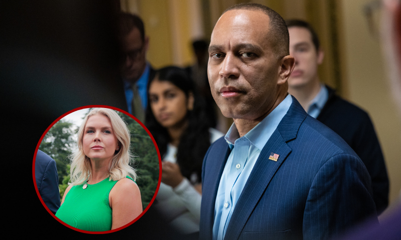 (Background) House Minority Leader Hakeem Jeffries (D-NY) speaks to the press at the U.S. Capitol on October 17, 2025 in Washington, DC. (Anna Rose Layden/Getty Images) / (L) WASHINGTON, DC - JULY 15: U.S. President Donald Trump, joined by White House Press Secretary Karoline Leavitt, speaks to the media as he departs the White House on July 15, 2025 in Washington, DC. Trump is traveling to Pittsburgh, Pennsylvania, to speak at an artificial intelligence and energy summit. (Photo by Anna Moneymaker/Getty Images)
