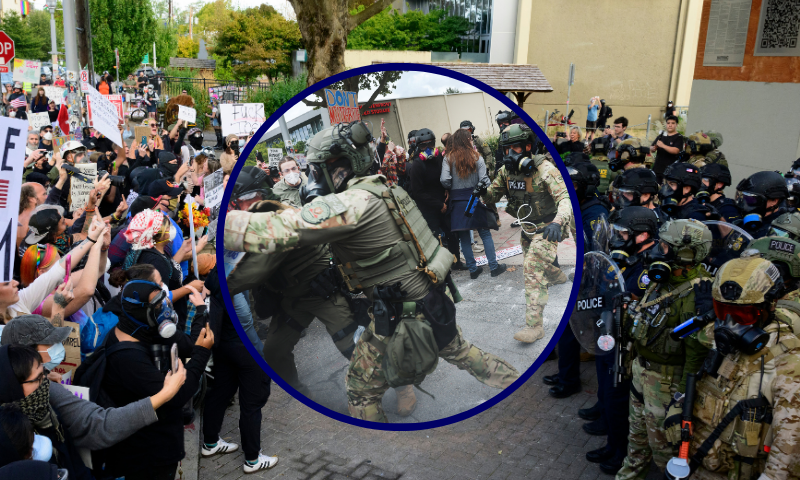 (Background) PORTLAND, OREGON - SEPTEMBER 28: Federal agents confront protesters outside of the U.S. Immigration and Customs Enforcement building on September 28, 2025 in Portland, Oregon. In a Truth Social post on September 27th, President Trump authorized the deployment of military troops to "protect War ravaged Portland, and any of our ICE Facilities under siege from attack by Antifa, and other domestic terrorists." (Photo by Mathieu Lewis-Rolland/Getty Images) / (Center) PORTLAND, OREGON - OCTOBER 04: Federal agents, including members of the Department of Homeland Security, the Border Patrol, and police, clash with protesters outside a downtown U.S. Immigration and Customs Enforcement (ICE) facility on October 04, 2025 in Portland, Oregon. The facility has become a focal point of nightly protests against the Trump administration and his announcement that he will be sending National Guard troops into Portland. A federal judge is currently hearing Oregon’s case against sending troops into the city, and a decision is expected on Saturday. (Photo by Spencer Platt/Getty Images)