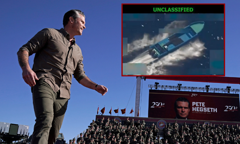 (L) US Secretary of Defense Pete Hegseth walks on stage to deliver remarks as part of the Marine Corps' 250th anniversary celebration at Camp Pendleton, California, on October 18, 2025. (Photo by Oliver Contreras / AFP) (Photo by OLIVER CONTRERAS/AFP via Getty Images) / (R) Department of War conducting a lethal kinetic strike on a vessel being operated by a Designated Terrorist Organization. (Photo via: Pete Hegseth -- Department of War)