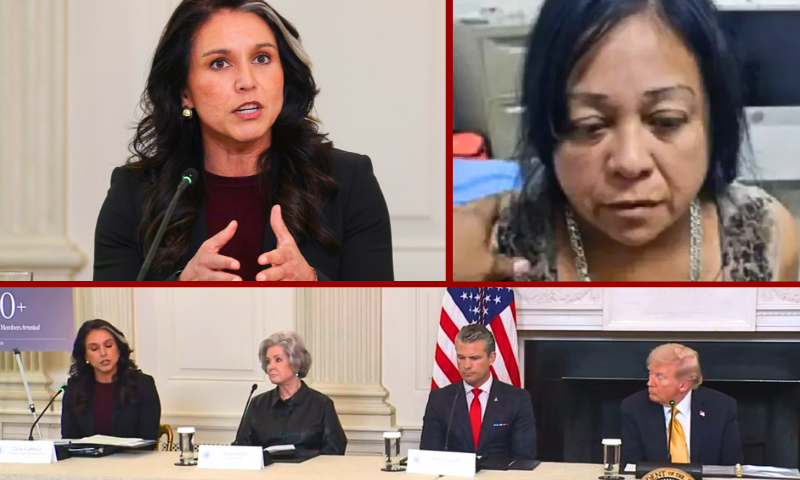 (L-Top) WASHINGTON, DC - OCTOBER 23: U.S. Director of National Intelligence Tulsi Gabbard delivers remarks as U.S. President Donald Trump delivers an announcement on his Homeland Security Task Force in the State Dining Room of the White House on October 23, 2025 in Washington, DC. Trump announced the successes of his administration’s task force including the arrests of over 3,000 cartel and foreign terrorist members. (Photo by Alex Wong/Getty Images) / (Others) Photos via: White House / Department of Justice