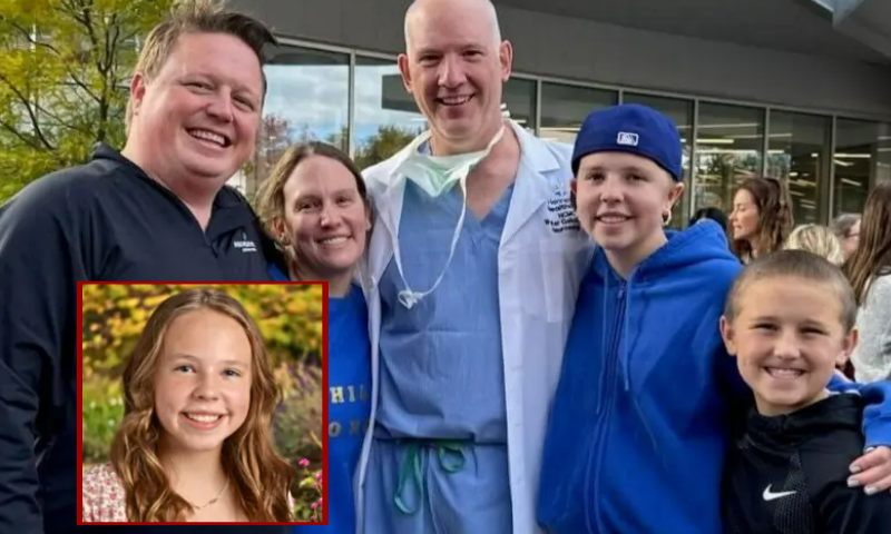 (Background) Tom Forchas, Amy Forchas, Dr. Walt Galicich, Sophia Forchas, and Anthony Forchas; Hennepin Healthcare via Facebook. (L) Portrait of Sophian Forchas, (Photo via: GoFundMe)