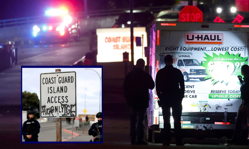 OAKLAND, CALIFORNIA - OCTOBER 23: Police officers investigate a U-Haul truck that was involved in an incident outside of Coast Guard Island Alameda on October 23, 2025 in Oakland, California. U.S. Coast Guard police opened fire on a U-Haul truck after it backed up a ramp at the entrance to Coast Guard Island Alameda, where US Customs and Border Patrol agents are staying. Earlier in the day, U.S. President Donald Trump told San Francisco Mayor Daniel Lurie that he was suspending planned immigration raids in San Francisco. (Photo by Justin Sullivan/Getty Images)