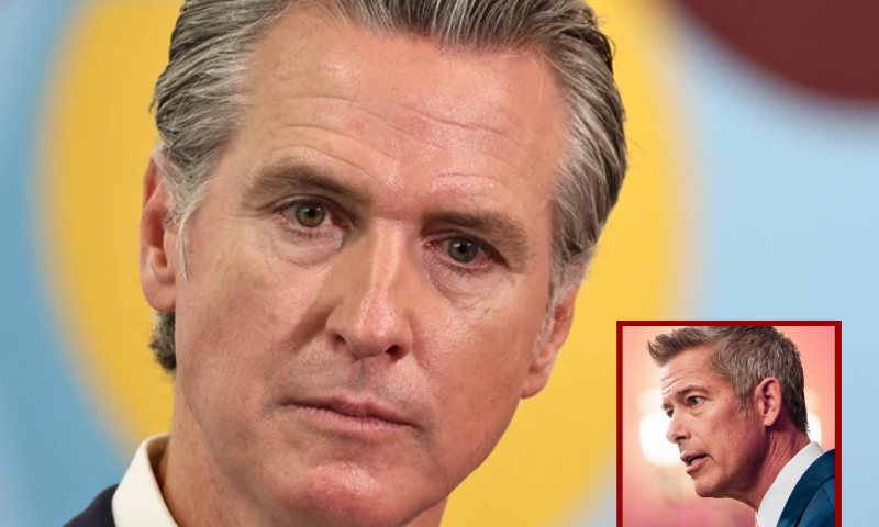 (Background) California Governor Gavin Newsom looks on at Belvedere Middle School in Los Angeles on October 8, 2025. (PATRICK T. FALLON/AFP via Getty Images) / (R) WASHINGTON, DC - OCTOBER 23: U.S. Secretary of Transportation Sean Duffy during a press conference on air traffic controller pay and the government shutdown at the U.S. Capitol on October 23, 2025 in Washington, DC. The shutdown enters its fourth week, becoming the second longest government shutdown in history. (Photo by Eric Lee/Getty Images)