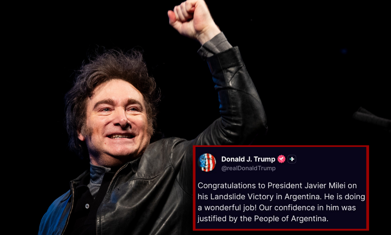 (Background) BUENOS AIRES, ARGENTINA - SEPTEMBER 28: Argentine President Javier Milei speaks to supporters during an event to launch 'La Libertad Avanza' as a national political party on September 28, 2024 in Buenos Aires, Argentina. (Tomas Cuesta/Getty Images) / (R) Photo screenshot taken of Donald Trump Truth Social post.