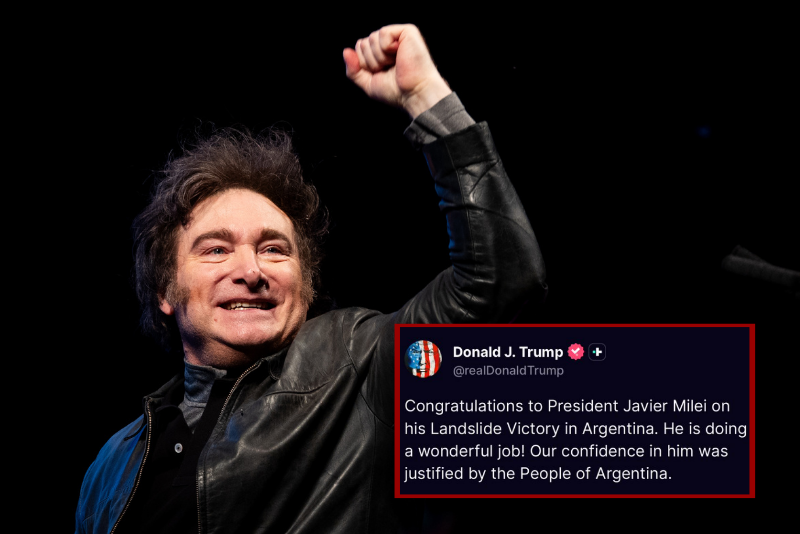 (Background) BUENOS AIRES, ARGENTINA - SEPTEMBER 28: Argentine President Javier Milei speaks to supporters during an event to launch 'La Libertad Avanza' as a national political party on September 28, 2024 in Buenos Aires, Argentina. (Tomas Cuesta/Getty Images) / (R) Photo screenshot taken of Donald Trump Truth Social post.