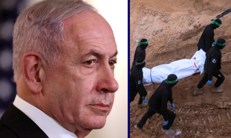 (L) Israeli Prime Minister Benjamin Netanyahu participates in a joint news conference. (Photo by Win McNamee/Getty Images) / (R) Hamas terrorists carry a body retrieved from a tunnel in an area north of Khan Yunis in the southern Gaza Strip on October 28, 2025. (Photo by BASHAR TALEB/AFP via Getty Images)
