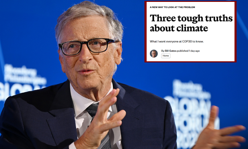 (Background) Bill Gates speaks onstage at the Bloomberg Philanthropies Global Forum 2025 on September 24, 2025 in New York City. (Photo by Bryan Bedder/Getty Images for Bloomberg Philanthropies) / (R) Photo screenshot taken via blog post on gatesnotes.com.