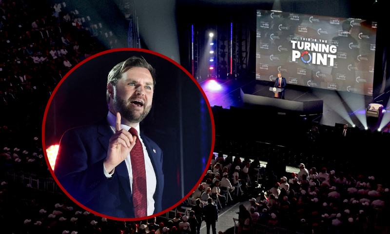 (Background) US Vice President JD Vance speaks during a Turning Point USA event at the University of Mississippi, in Oxford, Mississippi, October 29, 2025. (Photo by JONATHAN ERNST / POOL / AFP) (Photo by JONATHAN ERNST/POOL/AFP via Getty Images) / (L) US Vice President JD Vance speaks during a Turning Point USA event at the University of Mississippi, in Oxford, Mississippi, October 29, 2025. (Photo by JONATHAN ERNST / POOL / AFP) (Photo by JONATHAN ERNST/POOL/AFP via Getty Images)