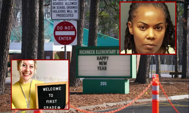 (Background) A school sign wishing students a "Happy New Year" is seen outside Richneck Elementary School in Newport News, Virginia. (Photo by Jay Paul/Getty Images) / (L-Bottom) Abigail Zwerner; GoFundMe / (R) Ebony Parker. (Photo via: Newport News Police Department)
