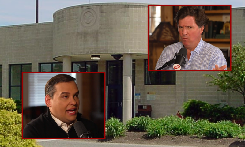 (L) Rep. George Santos (R-NY) / (R) Conservative commentator Tucker Carlson. (Screenshot photos via: Tucker Carlson's Oct. 31st episode.) / (Background) FCI Fairton (Photo via: bop.gov)