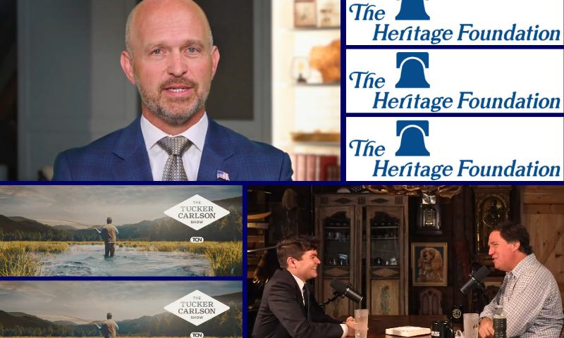 (L-Top) photo screenshot via x.com/KevinRobertsTX. (L-Bottom) The Tucker Carlson Show logo. / (R-Bottom) Photo screenshot via: x.com/TuckerCarlson. / (R-top) Heritage Foundation logo.
