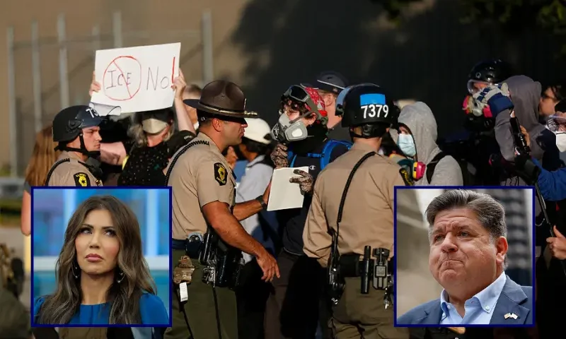 Law enforcement officers stand guard as hundreds of protesters gather near an Immigration and Customs Enforcement (ICE) facility opposing the detention of undocumented immigrants following President Donald Trump's order to increase federal presence and step up immigration enforcement through the Department of Homeland Security in Broadview, Illinois, on October 3, 2025. US President Donald Trump, who campaigned on a pledge to deport large numbers of migrants, has encouraged authorities to be more aggressive as he seeks to hit his widely reported target of one million deportations annually. (Photo by OCTAVIO JONES / AFP) (Photo by OCTAVIO JONES/AFP via Getty Images) / Homeland Security Secretary Kristi Noem listens to U.S. President Donald Trump speak in the Oval Office August 22, 2025 in Washington, DC. Trump announced the FIFA World Cup 2026 draw will take place at The Kennedy Center. (Photo by Chip Somodevilla/Getty Images) / Illinois Governor JB Pritzker walks to speak at a press conference in Chicago, Illinois, on August 25, 2025. US President Donald Trump said he was considering whether to send in the military to the cities of Chicago and Baltimore as he targets a series of Democratic strongholds. He sent the National Guard to Los Angeles -- against the mayor's and governor's wishes -- in June. The president was particularly disparaging of Illinois governor and vocal opponent JB Pritzker, who has strongly rejected any move to send in troops to Chicago. (Photo by KAMIL KRZACZYNSKI / AFP) (Photo by KAMIL KRZACZYNSKI/AFP via Getty Images)