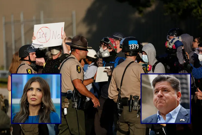 Law enforcement officers stand guard as hundreds of protesters gather near an Immigration and Customs Enforcement (ICE) facility opposing the detention of undocumented immigrants following President Donald Trump's order to increase federal presence and step up immigration enforcement through the Department of Homeland Security in Broadview, Illinois, on October 3, 2025. US President Donald Trump, who campaigned on a pledge to deport large numbers of migrants, has encouraged authorities to be more aggressive as he seeks to hit his widely reported target of one million deportations annually. (Photo by OCTAVIO JONES / AFP) (Photo by OCTAVIO JONES/AFP via Getty Images) / Homeland Security Secretary Kristi Noem listens to U.S. President Donald Trump speak in the Oval Office August 22, 2025 in Washington, DC. Trump announced the FIFA World Cup 2026 draw will take place at The Kennedy Center. (Photo by Chip Somodevilla/Getty Images) / Illinois Governor JB Pritzker walks to speak at a press conference in Chicago, Illinois, on August 25, 2025. US President Donald Trump said he was considering whether to send in the military to the cities of Chicago and Baltimore as he targets a series of Democratic strongholds. He sent the National Guard to Los Angeles -- against the mayor's and governor's wishes -- in June. The president was particularly disparaging of Illinois governor and vocal opponent JB Pritzker, who has strongly rejected any move to send in troops to Chicago. (Photo by KAMIL KRZACZYNSKI / AFP) (Photo by KAMIL KRZACZYNSKI/AFP via Getty Images)