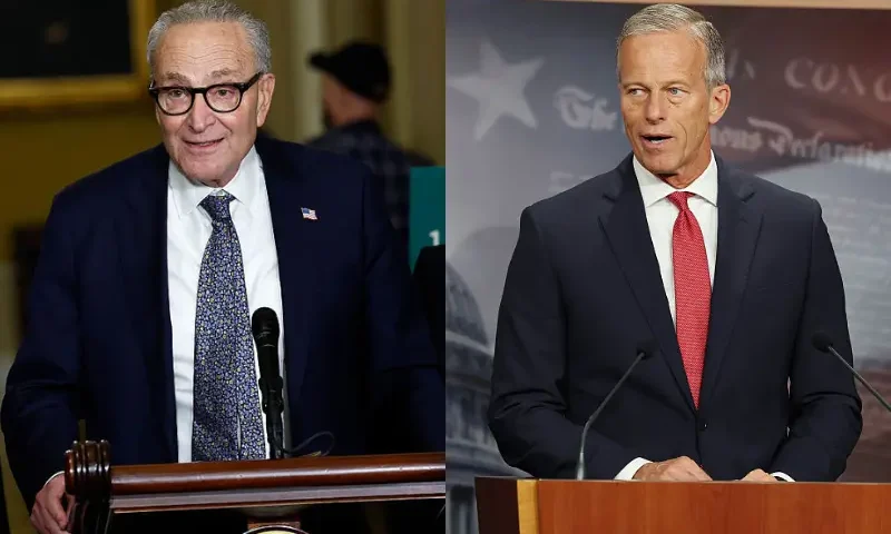U.S. Senate Minority Leader Charles Schumer (D-NY) speaks to the media at the U.S. Capitol on September 30, 2025 in Washington, DC. If lawmakers fail to reach a bipartisan compromise the federal government shutdown will begin at midnight. Schumer was accompanied by Sen. Patty Murray (D-WA), Sen. Brian Schatz (D-HI) and Sen. Amy Klobuchar (D-MN). (Photo by Kevin Dietsch/Getty Images) / U.S. Senate Majority Leader John Thune (R-SD) (C) speaks at a news conference at the U.S. Capitol Building on September 30, 2025 in Washington, DC. The Senate is bracing for a government shutdown after they failed to pass the Republican Appropriations and Extensions Act which would provide a temporary extension on government funding. Three Democrats joined Republicans in their vote for the legislation. Thune was joined by Sen. John Barrasso (R-WY) (L) and Sen. John Hoeven (R-ND) (R). (Photo by Anna Moneymaker/Getty Images)