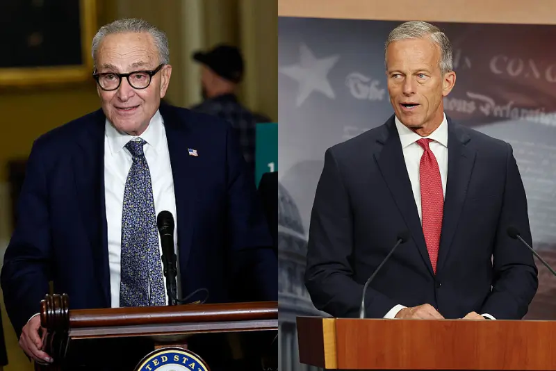 U.S. Senate Minority Leader Charles Schumer (D-NY) speaks to the media at the U.S. Capitol on September 30, 2025 in Washington, DC. If lawmakers fail to reach a bipartisan compromise the federal government shutdown will begin at midnight. Schumer was accompanied by Sen. Patty Murray (D-WA), Sen. Brian Schatz (D-HI) and Sen. Amy Klobuchar (D-MN). (Photo by Kevin Dietsch/Getty Images) / U.S. Senate Majority Leader John Thune (R-SD) (C) speaks at a news conference at the U.S. Capitol Building on September 30, 2025 in Washington, DC. The Senate is bracing for a government shutdown after they failed to pass the Republican Appropriations and Extensions Act which would provide a temporary extension on government funding. Three Democrats joined Republicans in their vote for the legislation. Thune was joined by Sen. John Barrasso (R-WY) (L) and Sen. John Hoeven (R-ND) (R). (Photo by Anna Moneymaker/Getty Images)