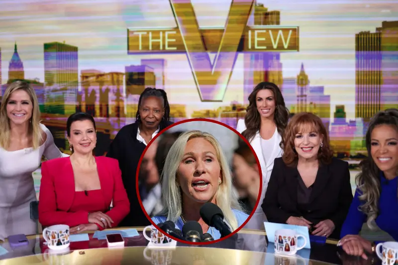 US Vice President and Democratic presidential nominee Kamala Harris (C) is pictured in studio at ABC during a break in the recording of the show "The View" with hosts (L-R) Sara Haines, Ana Navarro, Whoopi Goldberg, Alyssa Farah Griffin, Joy Behar and Sunny Hostin in New York on October 8, 2024. (Photo by Charly TRIBALLEAU / AFP) (Photo by CHARLY TRIBALLEAU/AFP via Getty Images) / U.S. Representative Marjorie Taylor Greene (R-GA) speaks at a press conference alongside alleged victims of Jeffrey Epstein at the U.S. Capitol in Washington, D.C. on September 3, 2025, announcing the Epstein Files Transparency Act, which calls for the release of all unclassified documents in the Jeffrey Epstein case. (Photo by Bryan Dozier / Middle East Images via AFP) (Photo by BRYAN DOZIER/Middle East Images/AFP via Getty Images)
