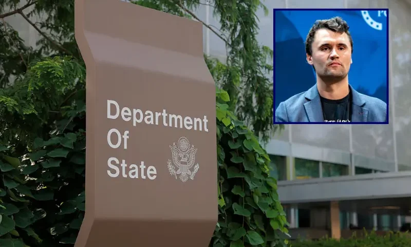 A sign for the U.S. Department of State is seen on the outside of the Harry S. Truman Federal Building on on July 11, 2025 in Washington, DC. The State Department is proceeding with layoffs just two days after the Supreme Court overturned a lower-court order that had temporarily blocked U.S. President Donald Trump's administration plan to cut federal jobs, affecting more than 1,300 department employees. (Photo by Anna Moneymaker/Getty Images) / Conservative political activist Charlie Kirk, founder of Turning Point Action, speaks during a meeting on the campus of the University of Arizona in Tucson on October 17, 2024. Charlie Kirk's Turning Point Action, a conservative campaign group, is working extra hard to get Republican Donald Trump elected, and has hired thousands of canvassers to get out the vote. (Photo by Olivier Touron / AFP) (Photo by OLIVIER TOURON/AFP via Getty Images)