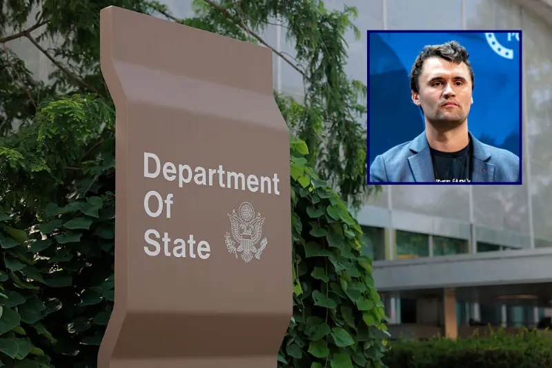 A sign for the U.S. Department of State is seen on the outside of the Harry S. Truman Federal Building on on July 11, 2025 in Washington, DC. The State Department is proceeding with layoffs just two days after the Supreme Court overturned a lower-court order that had temporarily blocked U.S. President Donald Trump's administration plan to cut federal jobs, affecting more than 1,300 department employees. (Photo by Anna Moneymaker/Getty Images) / Conservative political activist Charlie Kirk, founder of Turning Point Action, speaks during a meeting on the campus of the University of Arizona in Tucson on October 17, 2024. Charlie Kirk's Turning Point Action, a conservative campaign group, is working extra hard to get Republican Donald Trump elected, and has hired thousands of canvassers to get out the vote. (Photo by Olivier Touron / AFP) (Photo by OLIVIER TOURON/AFP via Getty Images)