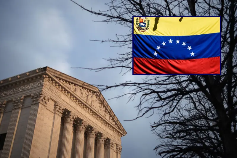 The U.S. Supreme Court is shown March 17, 2025 in Washington, DC. The Trump administration defied a federal judge's court order this past weekend in a case related to the deportation of more than 200 alleged Tren de Aragua gang members to El Salvador under the Alien Enemies Act of 1789. (Photo by Win McNamee/Getty Images) / The Venezuelan flag is seen in a demonstration against imperialism organized by governing party PSUV (Socialist Party of Venezuela) at Palacio de Miraflores on January 23, 2020 in Caracas, Venezuela. (Photo by Carolina Cabral/Getty Images)