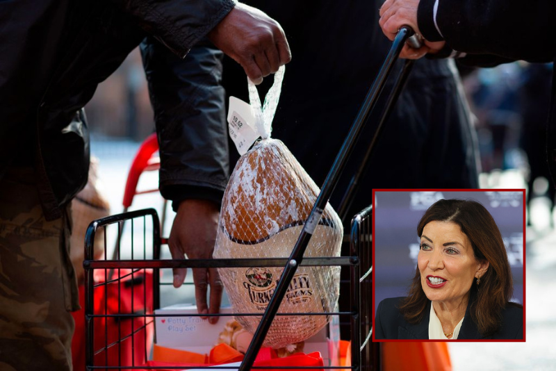A Volunteer holds a turkey during a giveaway organized by Food Bank For New York City at Highbridge Houses in the Bronx on December 19, 2020 in New York. (Photo by Kena Betancur / AFP) (Photo by KENA BETANCUR/AFP via Getty Images) / New York Governor Kathy Hochul attends a press conference beside the Black Course at Bethpage State Park Golf Course on September 17, 2025 in Farmingdale, New York. The 2028 KPMG Women's PGA and 2033 PGA Championship tournaments will be played on the course. (Photo by Bruce Bennett/Getty Images)