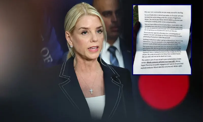 U.S. Attorney General Pam Bondi speaks during a press conference at the U.S. Attorney’s Office on August 25, 2025 in the Brooklyn Heights neighborhood of the Brooklyn borough in New York City. Attorney General Bondi announced the guilty plea of Sinaloa cartel co-founder Ismael “El Mayo” Zambada Garcia on federal crimes alongside other law enforcement officials including the U.S. Attorney for the Eastern District of New York Joseph Nocella, Jr., Drug Enforcement Administrator Terrance C. Cole, Homeland Security Investigations Acting Executive Associate Director Derek W. Gordon, and Federal Bureau of Investigation Operations Director Chad Yarbrough. (Photo by Michael M. Santiago/Getty Images) / Image of letter sent to conservative commentator Benny Johnson; U.S. District Court for the Southern District of California