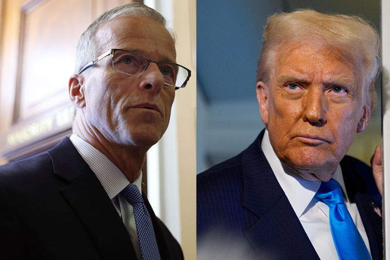 U.S. Senate Majority Leader John Thune (R-SD) speaks to reporters as he walks to his office in the U.S. Capitol on October 27, 2025 in Washington, DC. The federal government shutdown has entered its 27th day. (Photo by Anna Moneymaker/Getty Images) / U.S. President Donald Trump speaks to journalists aboard Air Force One en route to South Korea on October 29, 2025 in Japan. Trump is traveling to South Korea for the APEC meetings, following an appearance at the ASEAN summit in Malaysia, and a trip to Japan, where he called on Japanese Emperor Naruhito and new Prime Minister Sanae Takaichi. (Photo by Andrew Harnik/Getty Images)