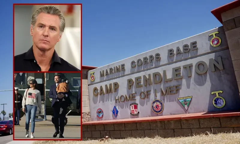 View of the main entrance to Camp Pendleton on July 26, 2019 in Oceanside, California. Sixteen Marines were arrested at Camp Pendleton Thursday morning during battalion formation for various illegal activities ranging from human smuggling to drug-related offenses. (Photo by Sandy Huffaker/Getty Images) / California Governor Gavin Newsom listens before speaking during a press conference announcing $11 insulin and prescription drugs with the CalRX program inside a Cedars-Sinai pharmacy in Los Angeles, California on October 16, 2025. (Photo by Patrick T. Fallon / AFP) (Photo by PATRICK T. FALLON/AFP via Getty Images) / U.S. Vice President JD Vance and Second Lady Usha Vance walk to board Air Force Two on October 17, 2025 at Joint Base Andrews, Maryland. Vice President Vance and Second Lady Usha Vance are on their way to Southern California to attend the 250th anniversary celebration of the Marine Corps at Camp Pendleton, near San Diego. (Photo by Oliver Contreras-Pool/Getty Images)