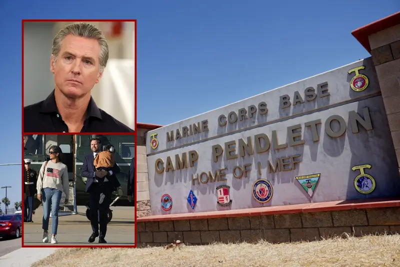 View of the main entrance to Camp Pendleton on July 26, 2019 in Oceanside, California. Sixteen Marines were arrested at Camp Pendleton Thursday morning during battalion formation for various illegal activities ranging from human smuggling to drug-related offenses. (Photo by Sandy Huffaker/Getty Images) / California Governor Gavin Newsom listens before speaking during a press conference announcing $11 insulin and prescription drugs with the CalRX program inside a Cedars-Sinai pharmacy in Los Angeles, California on October 16, 2025. (Photo by Patrick T. Fallon / AFP) (Photo by PATRICK T. FALLON/AFP via Getty Images) / U.S. Vice President JD Vance and Second Lady Usha Vance walk to board Air Force Two on October 17, 2025 at Joint Base Andrews, Maryland. Vice President Vance and Second Lady Usha Vance are on their way to Southern California to attend the 250th anniversary celebration of the Marine Corps at Camp Pendleton, near San Diego. (Photo by Oliver Contreras-Pool/Getty Images)