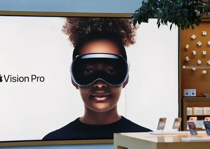 A logo is displayed on the day Apple's Vision Pro headset goes on sale for the first time in Los Angeles, California, U.S., February 2, 2024. REUTERS/Mike Blake