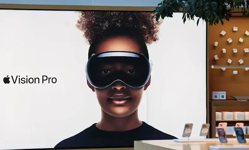 A logo is displayed on the day Apple's Vision Pro headset goes on sale for the first time in Los Angeles, California, U.S., February 2, 2024. REUTERS/Mike Blake