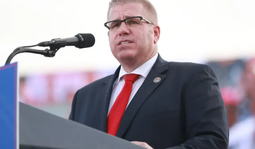 MENDON, IL - JUNE 25: Illinois Gubernatorial hopeful Darren Bailey delivers remarks after receiving an endorsement from Donald Trump during a Save America Rally with former US President Donald Trump at the Adams County Fairgrounds on June 25, 2022 in Mendon, Illinois. Trump will be stumping for Rep. Mary Miller in an Illinois congressional primary and it will be Trump's first rally since the United States Supreme Court struck down Roe v. Wade on Friday. (Photo by Michael B. Thomas/Getty Images)