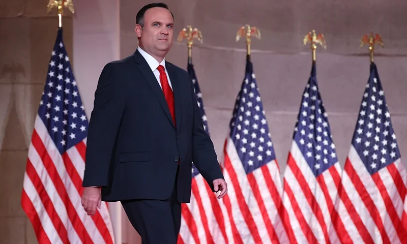 WASHINGTON, DC - AUGUST 26: For a prerecorded address for the Republican National Convention released August 27, 2020, White House Deputy Chief of Staff for Communications Dan Scavino walks onstage to speak inside the empty Mellon Auditorium August 26, 2020 in Washington, DC. The novel coronavirus pandemic has forced the Republican Party to move away from an in-person convention to a televised format, similar to the Democratic Party's convention a week earlier. (Photo by Chip Somodevilla/Getty Images)