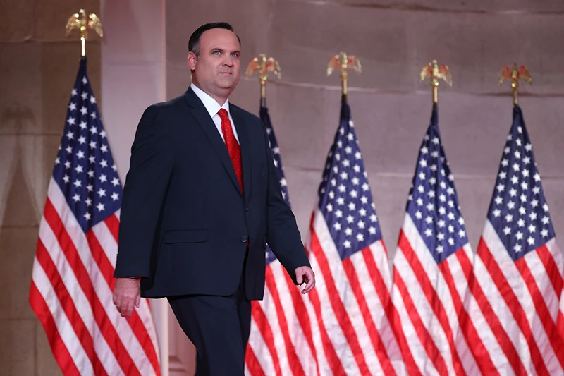 WASHINGTON, DC - AUGUST 26: For a prerecorded address for the Republican National Convention released August 27, 2020, White House Deputy Chief of Staff for Communications Dan Scavino walks onstage to speak inside the empty Mellon Auditorium August 26, 2020 in Washington, DC. The novel coronavirus pandemic has forced the Republican Party to move away from an in-person convention to a televised format, similar to the Democratic Party's convention a week earlier. (Photo by Chip Somodevilla/Getty Images)