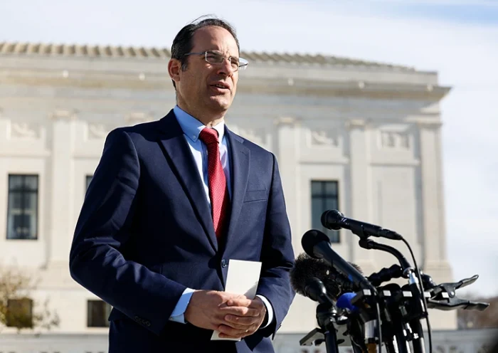 WASHINGTON, DC - DECEMBER 05: Colorado Attorney General Phil Weiser speaks to reporters at the U.S. Supreme Court Building on December 05, 2022 in Washington, DC. The U.S. Supreme Court heard oral arguments from cases including one involving Lorie Smith, the owner of 303 Creative, a website design company in Colorado who refuses to create websites for same-sex weddings despite a state anti-discrimination law. (Photo by Anna Moneymaker/Getty Images)