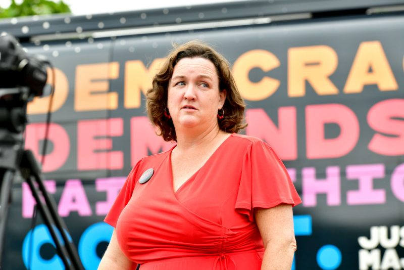 LOS ANGELES, CALIFORNIA - MAY 28: Congresswoman Katie Porter speaks at the "Just Majority" Irvine Press Conference on May 28, 2023 in Los Angeles, California. (Photo by Jerod Harris/Getty Images for Demand Justice)