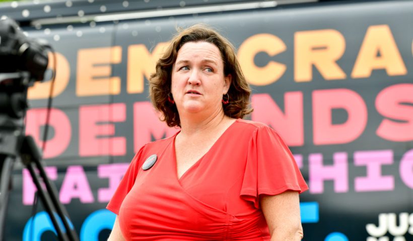 LOS ANGELES, CALIFORNIA - MAY 28: Congresswoman Katie Porter speaks at the "Just Majority" Irvine Press Conference on May 28, 2023 in Los Angeles, California. (Photo by Jerod Harris/Getty Images for Demand Justice)
