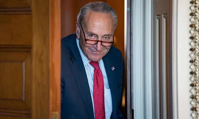 WASHINGTON, DC - JANUARY 17: Senate Majority Leader Chuck Schumer (D-NY) walks out for a news conference following weekly policy luncheons at the U.S. Capitol on January 17, 2024 in Washington, DC. Senate and House leaders are scheduled to meet at the White House with President Biden on the supplemental funding for Ukraine and Israel. (Photo by Kent Nishimura/Getty Images)