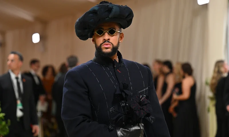 TOPSHOT - Puerto Rican singer Bad Bunny arrives for the 2024 Met Gala at the Metropolitan Museum of Art on May 6, 2024, in New York. The Gala raises money for the Metropolitan Museum of Art's Costume Institute. The Gala's 2024 theme is "Sleeping Beauties: Reawakening Fashion." (Photo by Angela WEISS / AFP) (Photo by ANGELA WEISS/AFP via Getty Images)