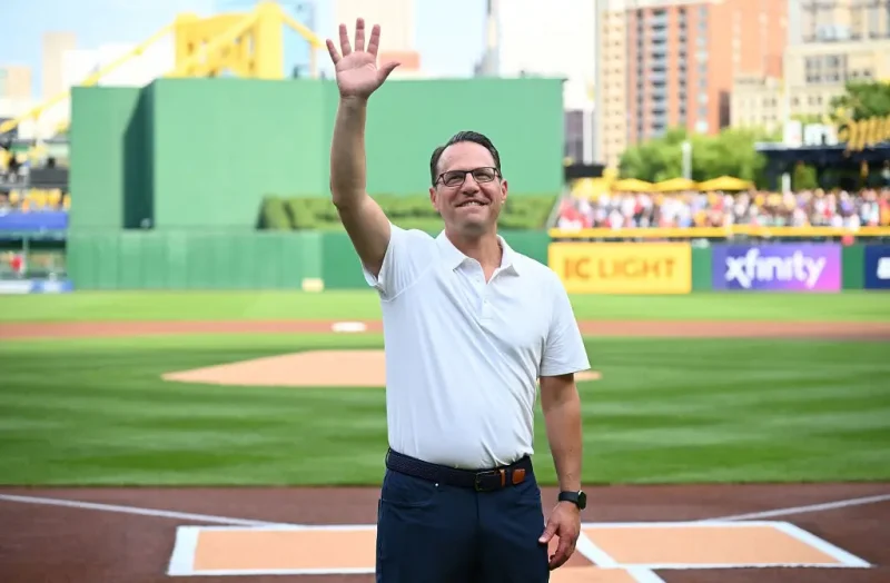 PITTSBURGH, PENNSYLVANIA - JULY 20: Pennsylvania Governor Josh Shapiro waves to the crowd before the game between the Philadelphia Phillies and the Pittsburgh Pirates at PNC Park on July 20, 2024 in Pittsburgh, Pennsylvania. (Photo by Justin Berl/Getty Images)