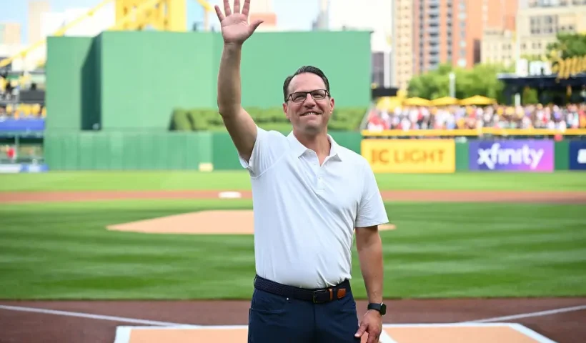 PITTSBURGH, PENNSYLVANIA - JULY 20: Pennsylvania Governor Josh Shapiro waves to the crowd before the game between the Philadelphia Phillies and the Pittsburgh Pirates at PNC Park on July 20, 2024 in Pittsburgh, Pennsylvania. (Photo by Justin Berl/Getty Images)